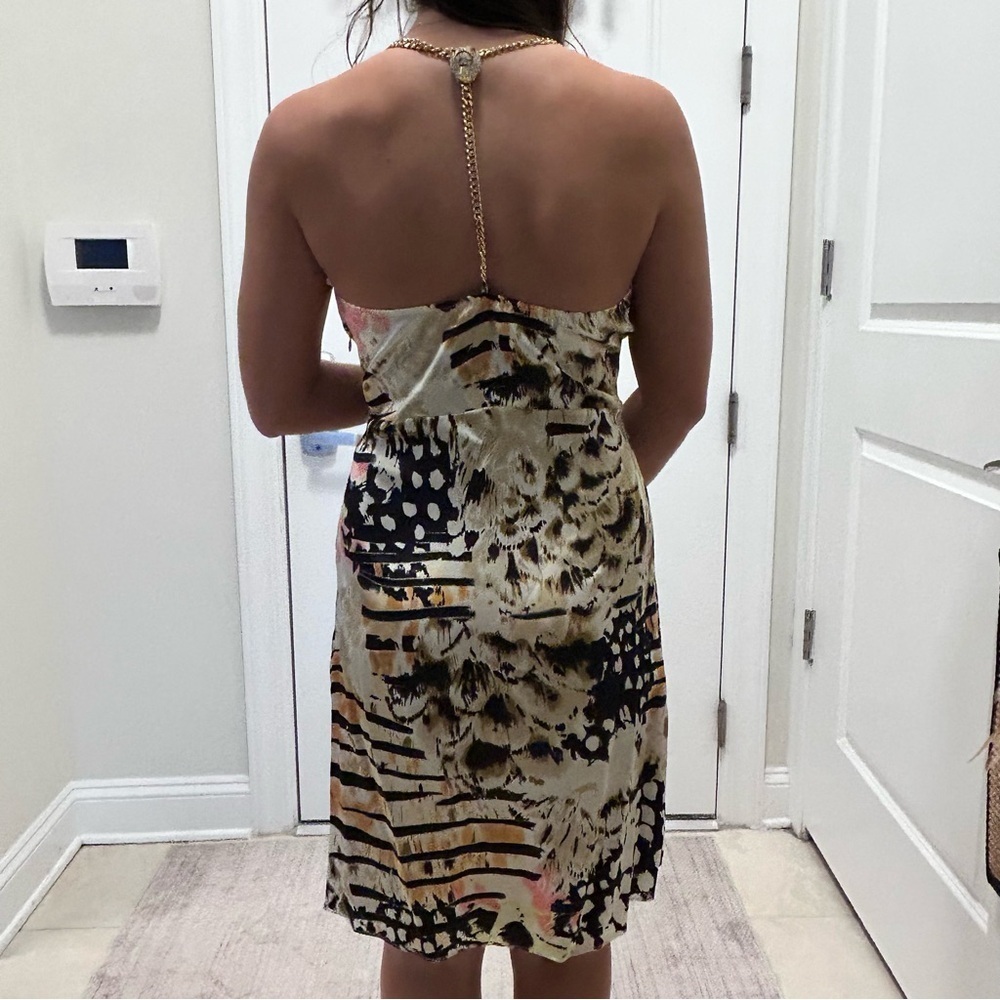 Sky Halter Animal Print Silk Dress with Gold Chain Detail SZ L - Picture 4 of 8